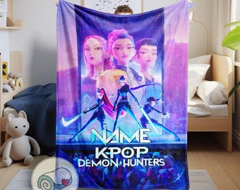 Custom Name Demon Hunters Blanket, Personalized Fan Gift, Kpop Fleece Throw, Saja Boys Merch, Huntrix Merch, Cozy Blanket