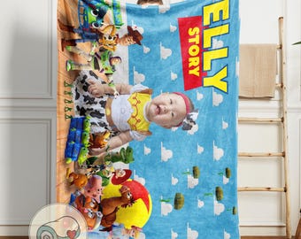 Toy Story Blanket | Custom Face and Name | Woody Buzz Jessie | Personalized Disney Pixar Bedding | Kids Movie Room Throw