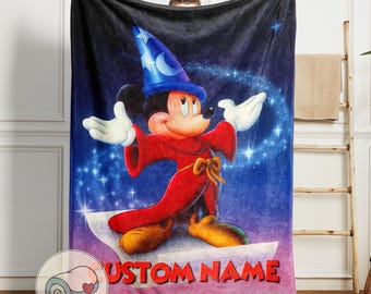 Couverture Mickey Mouse Sorcier Fantasia | Nom personnalisé personnalisé | Literie Lune Magic Wizard | Jeté en polaire douillet, cadeau pour les fans de Disney