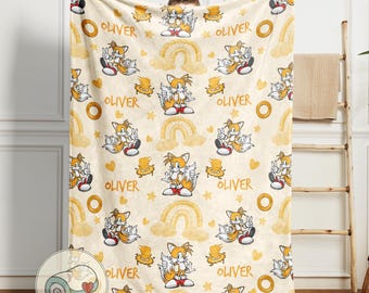 Manta de zorro de dos colas / Miles Tails Prower / Manta personalizada para gamers / Decoración de zorro volador / Regalo personalizado de videojuegos para la habitación de los niños