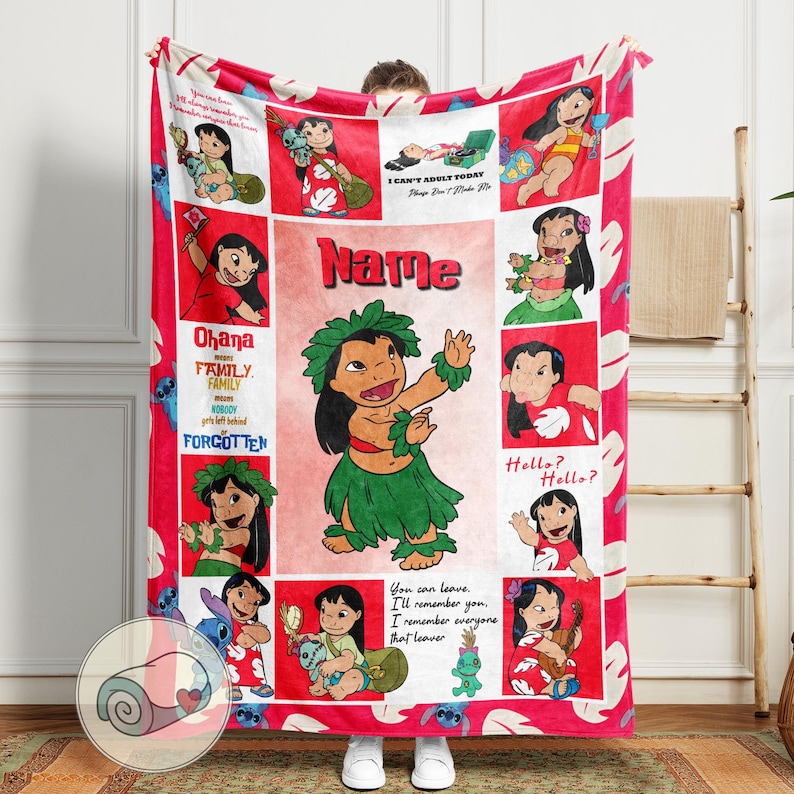 May include: A red and white fleece blanket featuring a collage of Lilo & Stitch imagery. The design includes various illustrations of Lilo, Stitch, and text elements like "Ohana" and "I can't adult today". The blanket has a rolled-up corner graphic.
