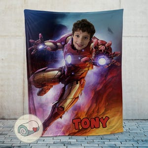 Couverture Iron Man Avengers | Échange de visage photo personnalisé | Prénom personnalisé | Literie de super-héros Marvel | Lancer d'action pose volante image 13