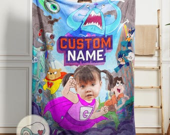 Hamster and Gretel Custom Face Blanket | Personalized Name Gift | Kids Superhero Throw | Cartoon Fleece | Disney Hero Photo Gift