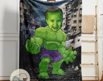 Incredible Hulk Custom Face Blanket | Personalized Superhero Gift for Kids | Marvel Avengers Fleece Throw | Custom Photo Birthday Gift