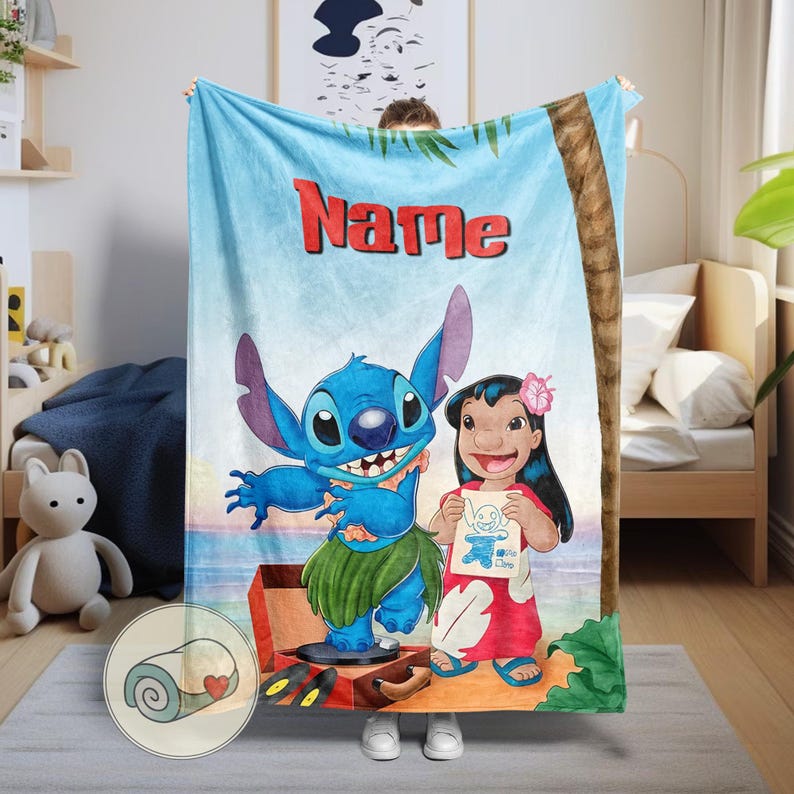 May include: A light blue blanket featuring the characters Stitch and Lilo from the animated movie. The blanket has a tropical theme with a palm tree and the word "Name" in red. The blanket is rolled up in a circular image in the bottom left corner.