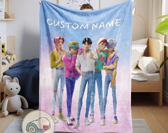 Saja Boys Band Fleece Blanket, Custom Name Kpop Merch, Demon Hunters Plush Throw, Personalized Saja Boys Fan Gift, Cozy Kpop Blanket