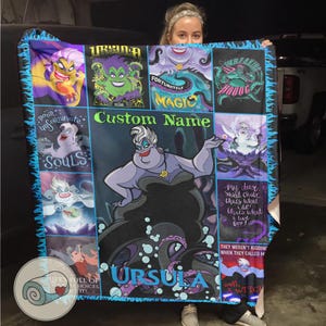 May include: A custom Ursula-themed blanket featuring various images of the sea witch, with the text "Custom Name" and other phrases. The blanket has a dark blue background with a blue and black flame-like border.