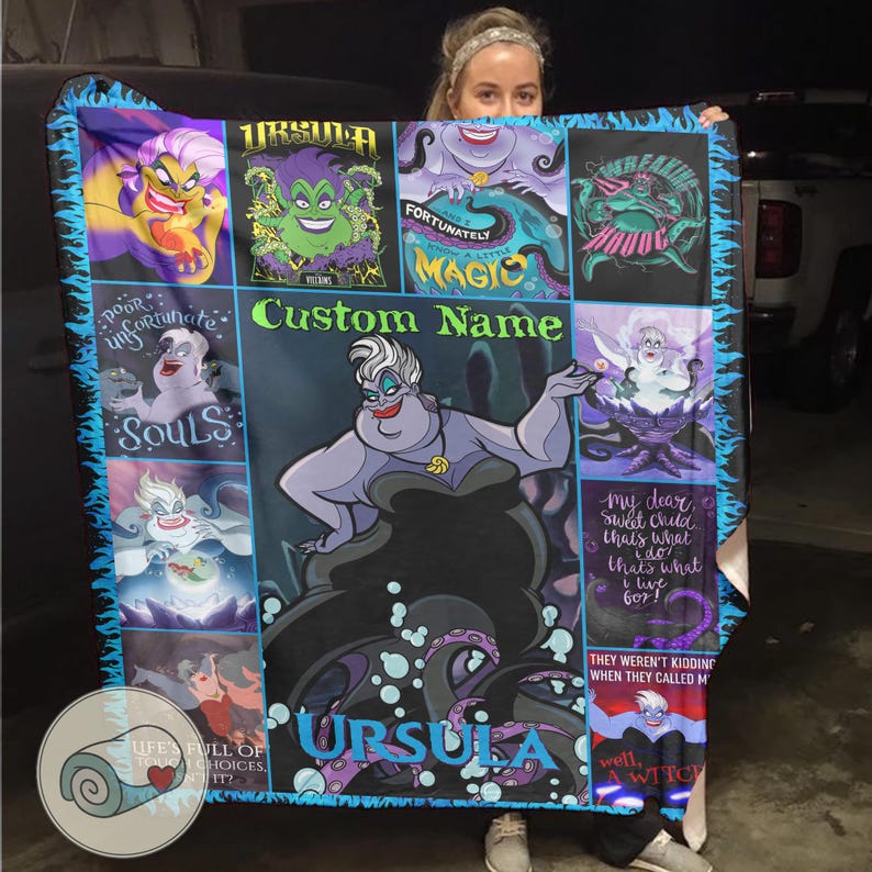 May include: A custom Ursula-themed blanket featuring various images of the sea witch, with the text "Custom Name" and other phrases. The blanket has a dark blue background with a blue and black flame-like border.