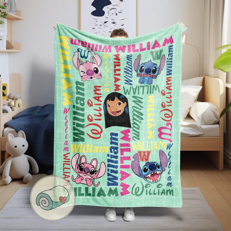 May include: A light green blanket featuring cartoon characters and the name "William" in various colors and fonts. The blanket has a grid pattern and includes images of Stitch, Angel, and Lilo.