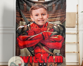 Deadpool Custom Face Blanket | Personalized Name Superhero Gift | Marvel Merc with a Mouth Throw | Custom Photo Gift for Him