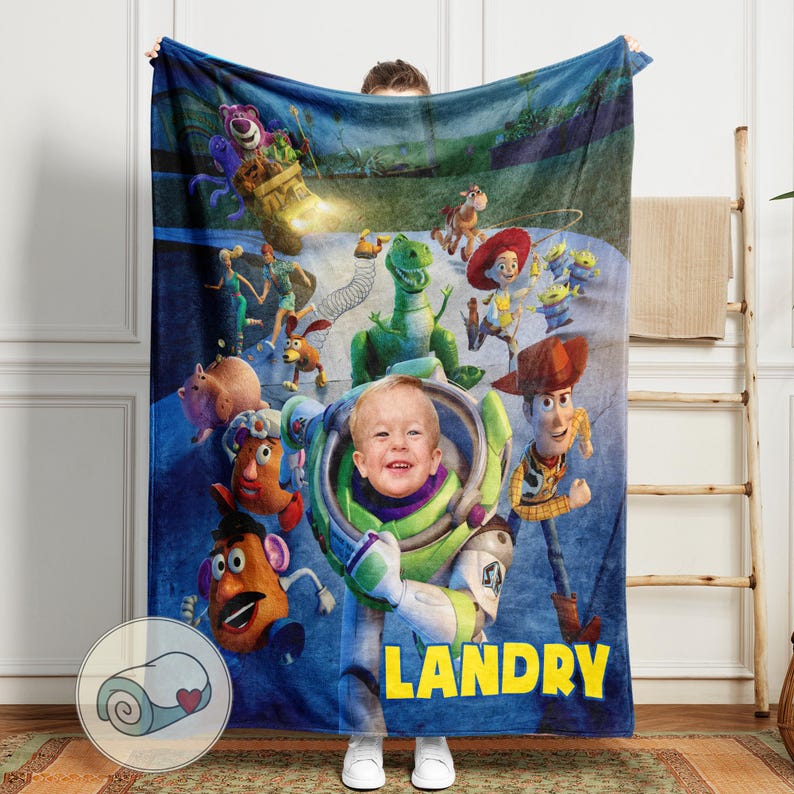 Peut inclure: Une couverture en polaire bleue avec des personnages du film d'animation Toy Story. La couverture porte le nom personnalis&eacute; "Landry" en lettres jaunes. Le motif comprend des images de Buzz l'&Eacute;clair, Woody et d'autres personnages.