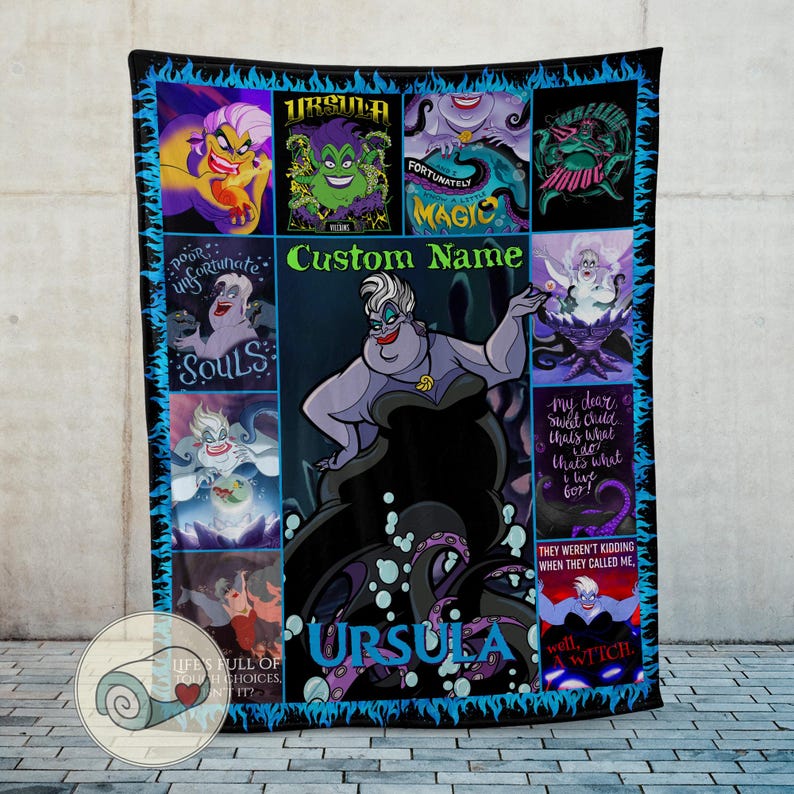 May include: A black blanket featuring a collage of images of Ursula from The Little Mermaid. The blanket has a blue flame border and includes the text "Custom Name" and "Ursula".