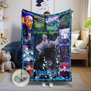 May include: A custom Ursula-themed blanket featuring the sea witch Ursula from The Little Mermaid. The design includes various images of Ursula, the text "Custom Name", and quotes. The blanket has a blue flame border.