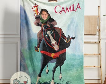 Couverture Princesse Mulan | Portrait de visage personnalisé | Prénom personnalisé | Jeté Princesses Disney | Décoration Mushu et Khan