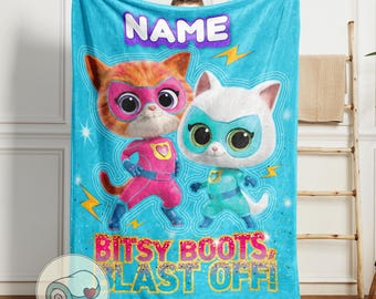 SuperKitties Bitsy Boots Blast Off Blanket | Personalized Name | Ginny and Bitsy Hero Cats | Blue Kids Fleece Bedding Throw