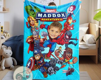 Marvel Avengers Blanket | Custom Face Photo Name | Personalized Super Hero Team | Iron Man Captain America Hulk Thor Kids Birthday Gift