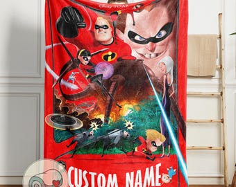 The Incredibles Blanket | Custom Name Mr Incredible Throw | Personalized Elastigirl Gift | Pixar Movie Poster Bedding