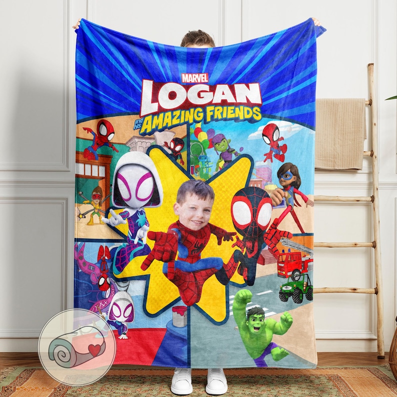 Pu&ograve; includere: Una coperta Marvel blu con la scritta "LOGAN & AMAZING FRIENDS" e vari personaggi di Spider-Man. La coperta presenta una foto personalizzata di un bambino, circondata da illustrazioni in stile fumetto.