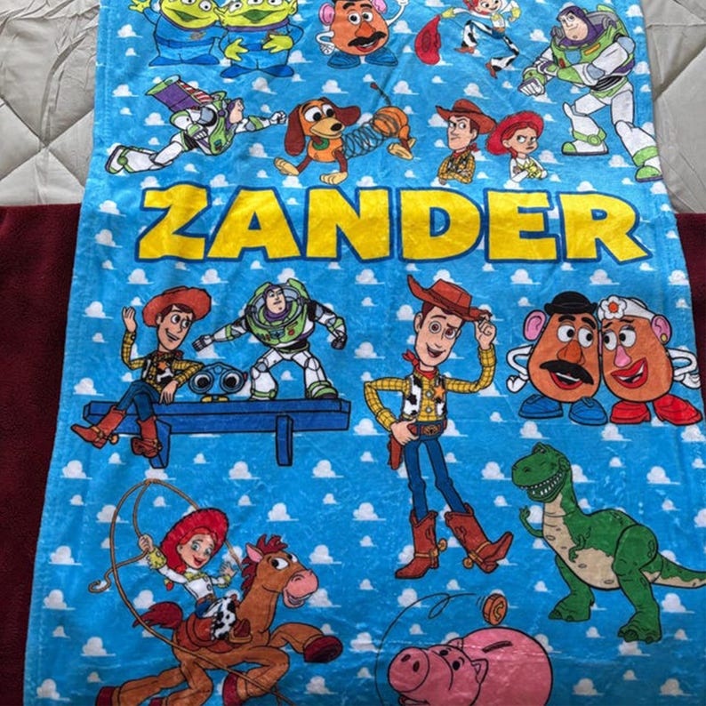 Pu&ograve; includere: Una coperta blu con personaggi del film Toy Story, tra cui Woody, Buzz Lightyear e altri. Il nome "ZANDER" &egrave; stampato in grandi lettere gialle al centro. La coperta ha una consistenza morbida e soffice.