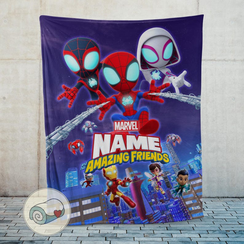 May include: A purple Marvel Amazing Friends blanket featuring Spider-Man, Miles Morales, and Spider-Gwen. The blanket has a cityscape background and the Marvel logo. The blanket is made of soft material.
