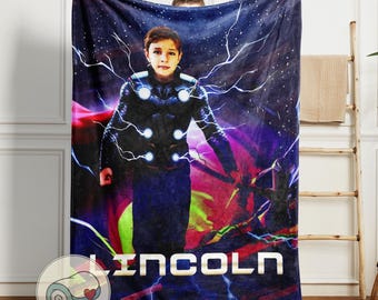 Couverture Marvel Thor | Photo de visage personnalisée | Prénom personnalisé | Super-héros Marvel Avengers | Jeté Dieu du tonnerre