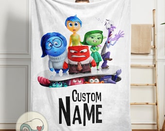 Inside Out 2 Personalized Blanket | Custom Name Disney Movie Throw | Joy Sadness Anxiety Disgust | Kids Bedroom Bedding Gift