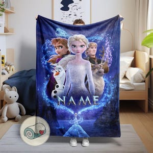 Pu&ograve; includere: Una coperta in pile blu navy con personaggi del film d'animazione Frozen. La coperta ha un design a forma di cuore con la scritta "NAME" al centro. Un articolo accogliente e decorativo.