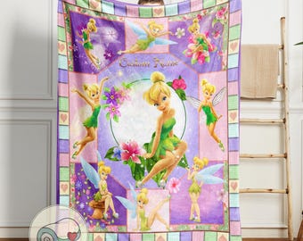 Tinker Bell Blanket | Custom Name Personalized | Disney Fairies Pixie Hollow Decor | Purple Floral Fairy Princess Quilt Throw