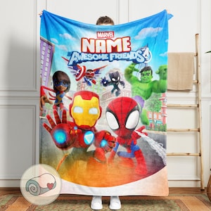 May include: A Marvel-themed blanket featuring various superheroes, including Iron Man and Spider-Man, with the text "NAME AWESOME FRIENDS 4" against a blue sky background. The blanket is a vibrant mix of colors, perfect for fans of the Marvel universe.