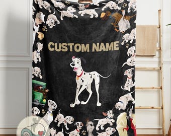101 Dalmatians Pongo Blanket | Custom Name Text | Personalized Disney Dog Throw | Black Kids Puppy Bedding