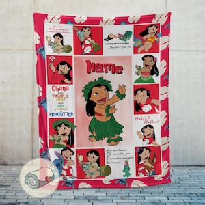 May include: A red and white fleece blanket featuring a collage of images of a cartoon character in various poses. The blanket includes the text "Ohana means family" and "I can't adult today".