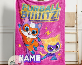 SuperKitties Furball Blitz Blanket | Personalized Name Gift | Buddy and Sparks Super Hero Cats | Kids Pink Fleece Bedding Throw