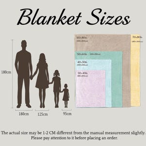 Peut inclure: Image pr&eacute;sentant les tailles de couvertures avec des dimensions en pouces et en centim&egrave;tres. Le texte "Blanket Sizes" est en haut. Des silhouettes d'une famille sont &agrave; c&ocirc;t&eacute; des mesures. Les tailles de couvertures sont 30x40in, 40x50in, 50x60in, 60x80in et 70x80in.