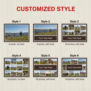 Peut inclure: Image pr&eacute;sentant six styles diff&eacute;rents pour des collages photo personnalis&eacute;s. Chaque style est encadr&eacute; de marron et propose des options pour des photos uniques ou multiples, avec ou sans texte. Le texte "CUSTOMIZED STYLE" est en haut.