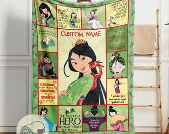 Mulan Disney Blanket | Custom Name Personalized Gift | Chinese Princess Mulan Mushu Bedding | Disney Movie Fan Girl Room Decor Throw