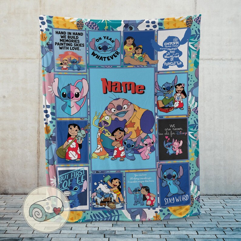 May include: A colorful blanket featuring various images of Stitch and Lilo from the Disney movie. The blanket has a blue background with multiple squares containing images and text, including "Name", "Oh Yeah Whatever", and "Stay Weird".