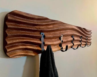 Walnut Towel Rack | Wavy Wood Design Modern Coat Rack | Wall Art Organizer