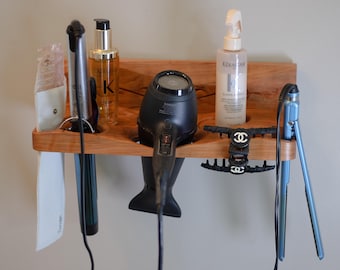 Wall Mounted Hot Tool Organizer, Walnut or Cherry Hair Dryer Holder, Curling Iron Storage