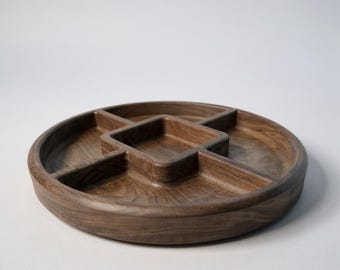 Round Walnut Tray | Sectioned Serving Tray, Modern Wood Charcuterie Board, Handcrafted Hosting Platter