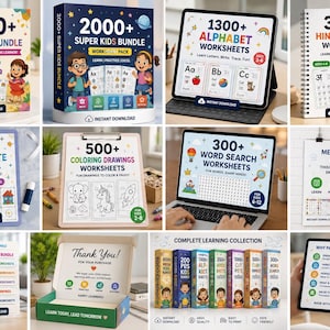 May include: A digital collection of educational worksheets for children, featuring various bundles like 6000+ Mega Kids, 2000+ Super Kids, 1300+ Alphabet, 350+ Hindi Master, 1000+ Cut & Paste, 500+ Colouring, and 300+ Word Search sets for learning.