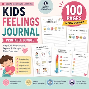 May include: A printable kids feelings journal mega bundle with 100 pages. The cover features a cartoon child holding a pink heart and text including Kids Feelings Journal, Social Emotional Learning, and a list of activities like Emotions Log.