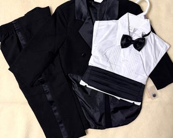 Conjunto de esmoquin vintage de los 90 para niño, talla 3T, blanco y negro, 100% poliéster, 4 piezas