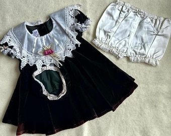 Vintage des années 90, c'est un ensemble de robe pour bébé filles 18-24 M XL vert velours col en dentelle floral
