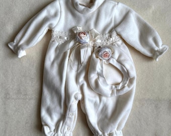 Vintage 90s Bunny & Dino 2-Piece Romper Set Girls Size XL Ivory Lace Rosette