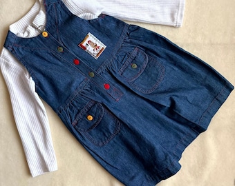 Vintage 90s Piano Kids Fashion Jumper Dress & Shirt Set Girls 8 Farm Patch Denim