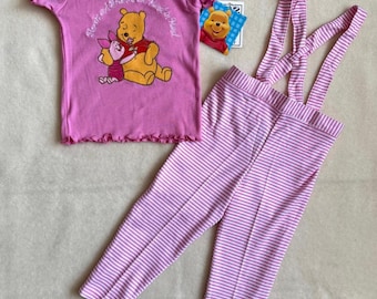 Conjunto de peto vintage de Winnie the Pooh de Disney de los años 90 para niñas, talla 2T, rosa y blanco. Piglet.