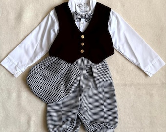 Vintage 90s Puppet Wear 5-Piece Vest Set Boys 3T White Black Houndstooth Bow