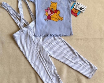 Vintage 90s Disney Winnie the Pooh Overalls Set Girls Size 2T Blue White Piglet