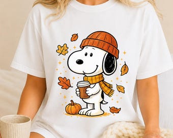 Fall Snoopy Shirt, Cute Autumn Dog Tee, Pumpkin Coffee Cozy Fall Graphic T-Shirt.