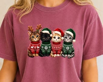 Comfort Colors® Christmas Cats Shirt, Cute Holiday Cat Graphic Tee, Cat Lover Gift.